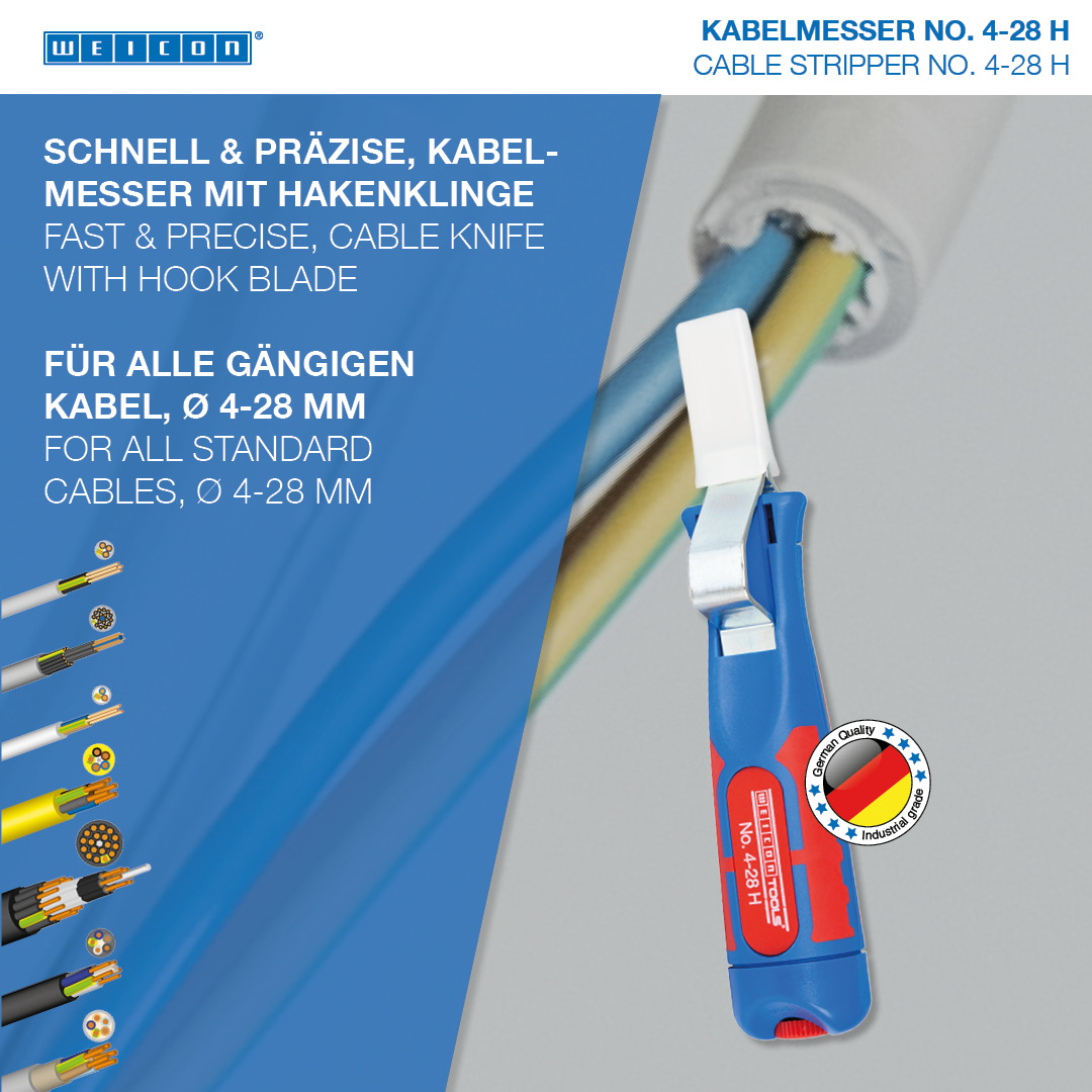 Cable Stripper No. 4 - 28 H | with 2-component and fibreglass-reinforced plastic handle I with hook blade and protective cap I working range 4 - 28 mm Ø