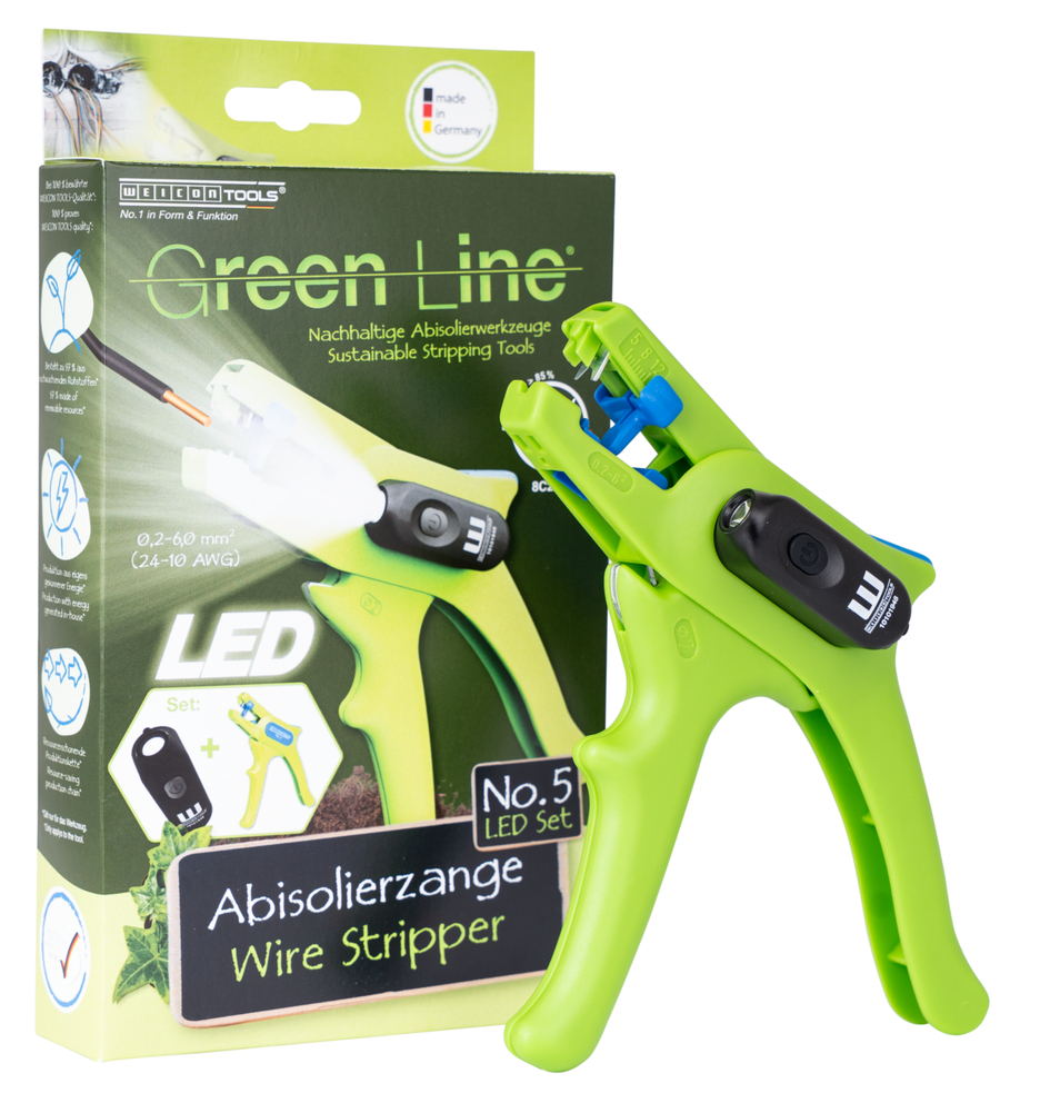 Wire Stripper No. 5 Green Line LED Set
 | Stripping tools made from up to 97% renewable raw materials, 2-piece set incl. wire stripper and LED Work Light