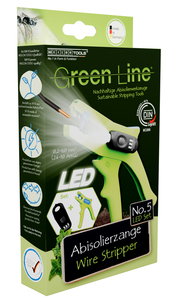 Wire Stripper No. 5 Green Line LED Set
 | Stripping tools made from up to 97% renewable raw materials, 2-piece set incl. wire stripper and LED Work Light