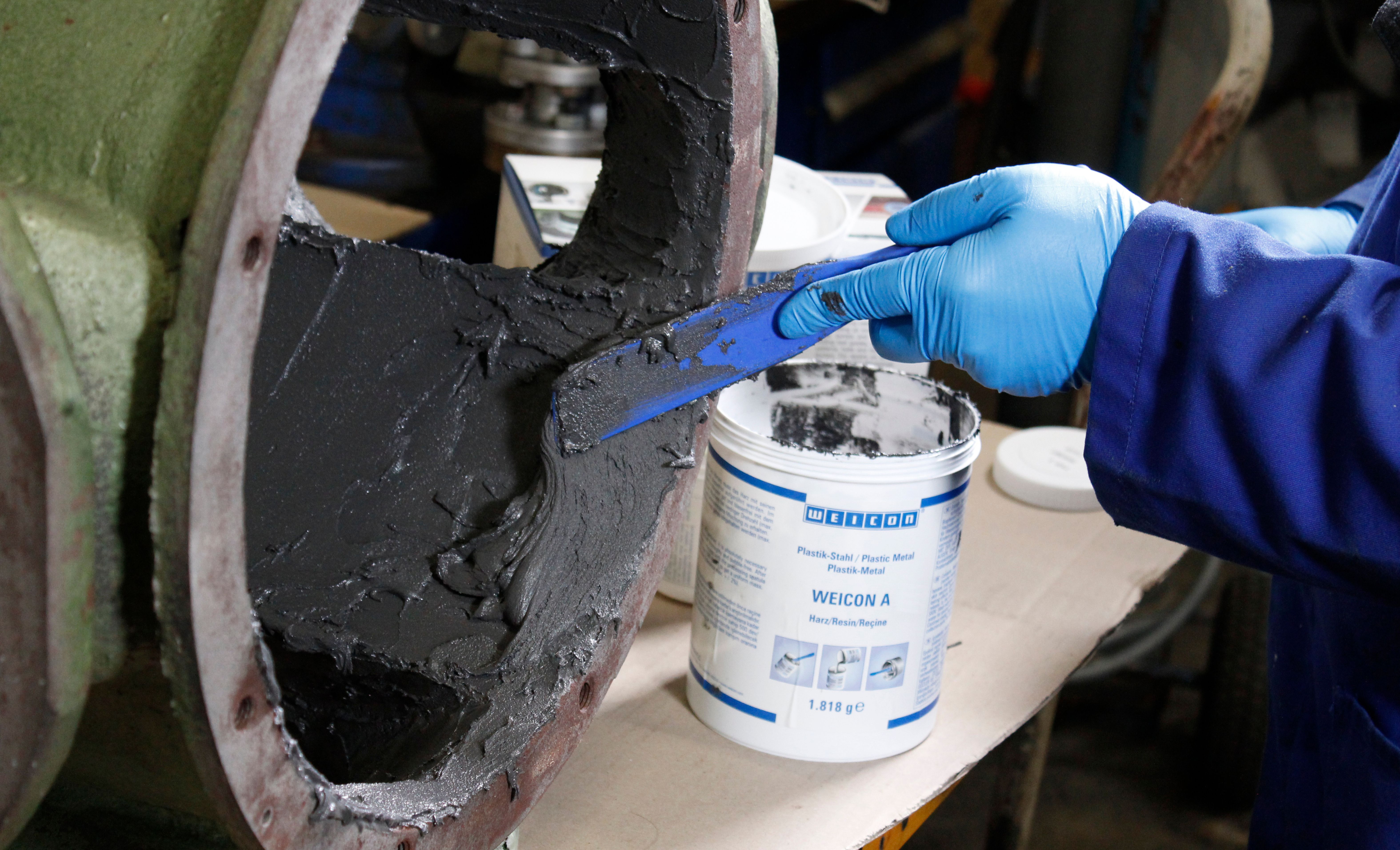 Repair compound is applied to a pump