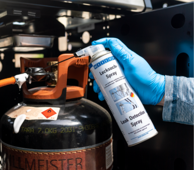 leak detector spray, spray can, gas cylinder, gloved hand, maintenance kit